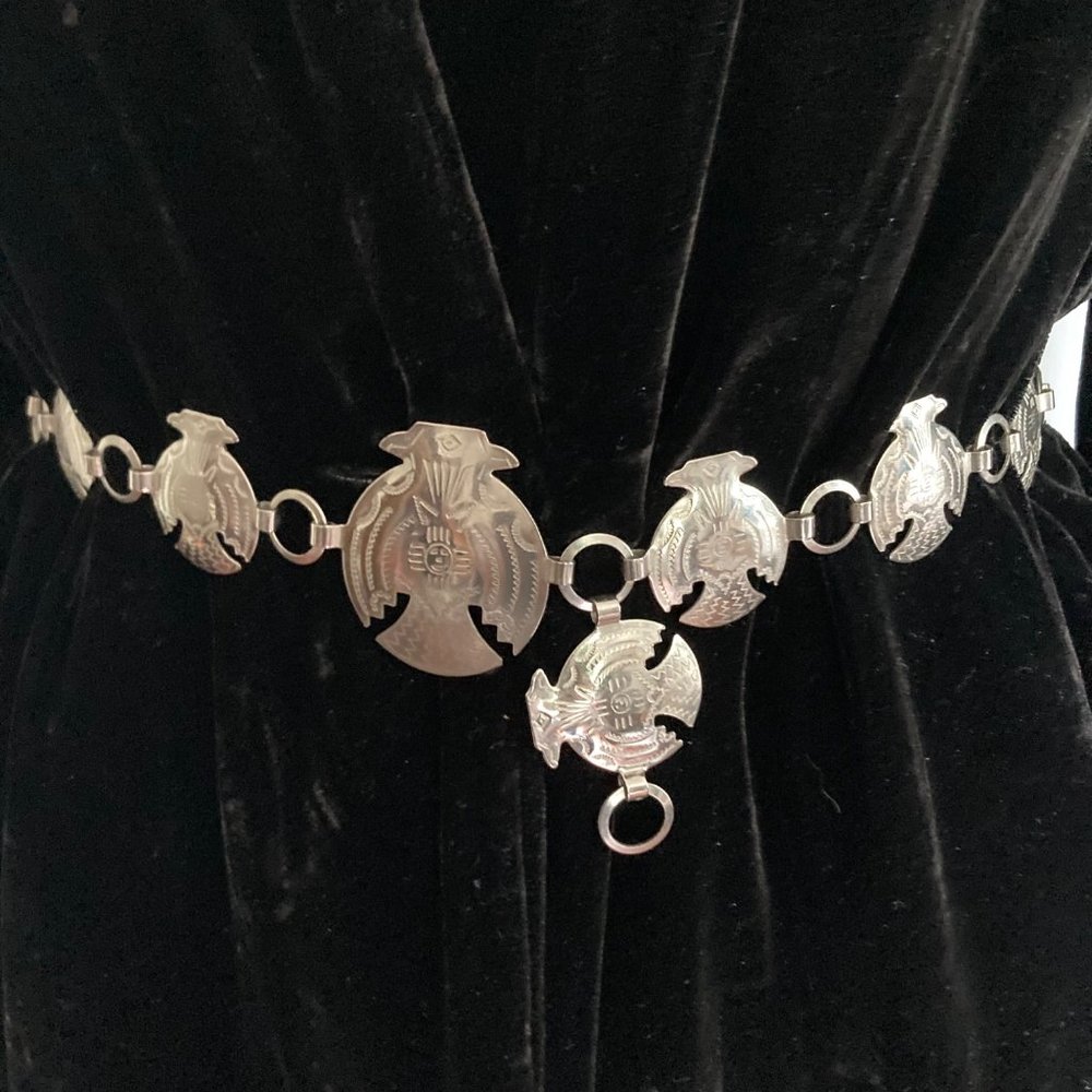 Vintage Silver Thunderbird Chain Belt Silver Small Southwestern Adjustable - Picture 7 of 7